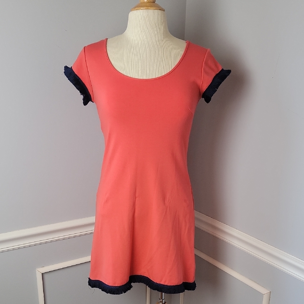 KAELI‎ SMITH Coral Navy Blue Fringe Edge Scoop Neck Short Sleeve Shift Dress S
